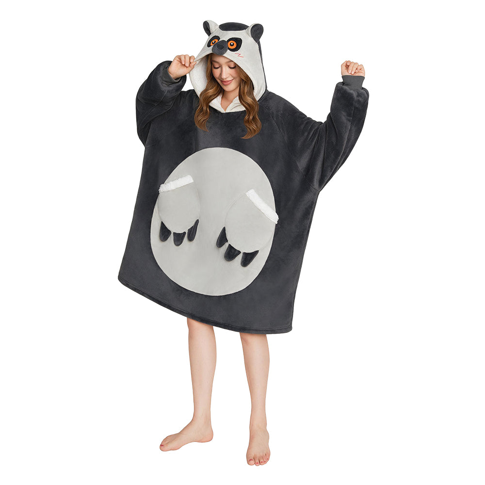 OLAOLA Ring-tailed Lemur Gray Monkey Wearable Blanket Hoodie Animals Onesie Oversized Soft Homewear With Pocket For Adult Unisex