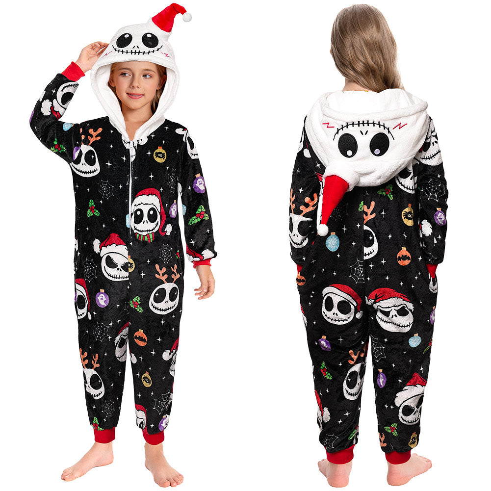 OLAOLA Skeleton Adult Printed Pajamas Plush Sleeping Onesie Warm Home One-Piece Sleepwear Halloween Party Suit