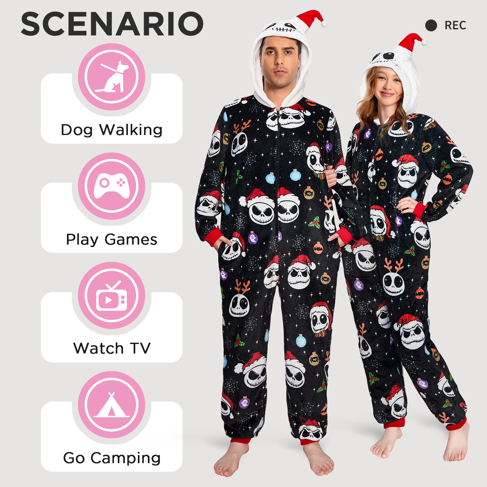 OLAOLA Skeleton Adult Printed Pajamas Plush Sleeping Onesie Warm Home One-Piece Sleepwear Halloween Party Suit