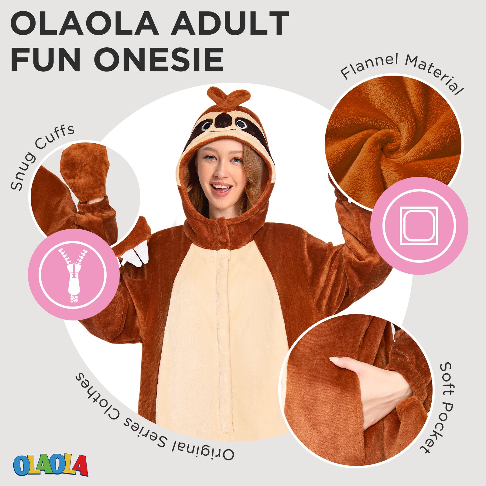 OLAOLA Sloth Pajamas Unisex Adult Plush Animals Onesie Flannel Sleepwear Halloween Cosplay Costume