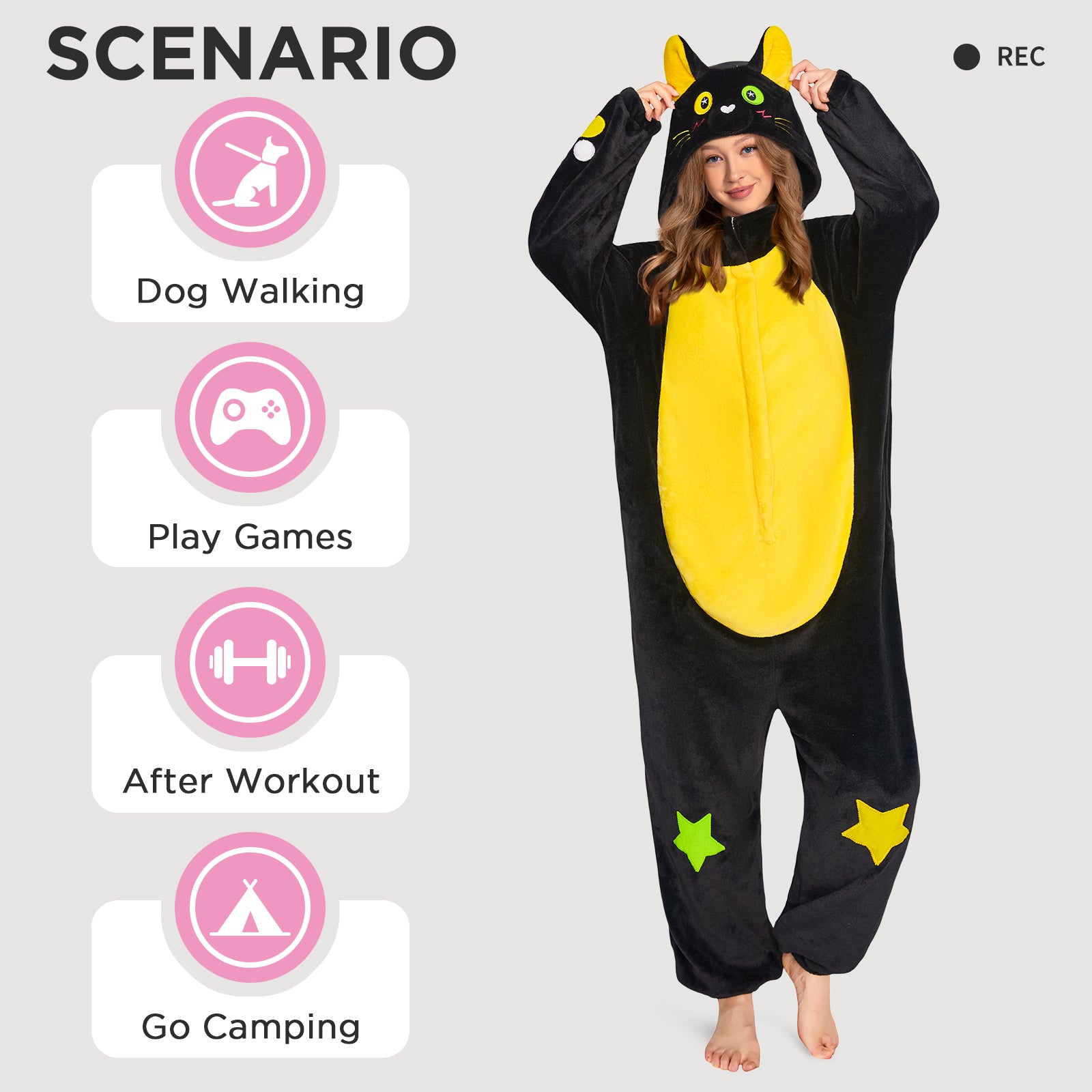 OLAOLA Star Black Cat Costume Unisex Adult Plush Animals Onesie Pajamas Warm Home Pet One-Piece Sleepwear