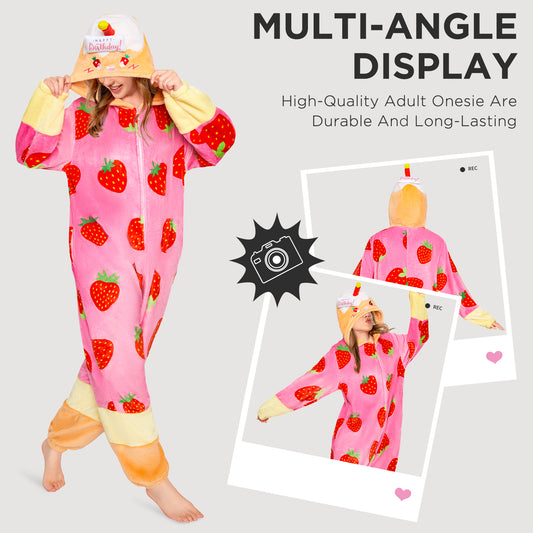 OLAOLA Strawberry Cake Pajamas Food Onesie Plush Warm Home One Piece For Adult Unisex Halloween Costume