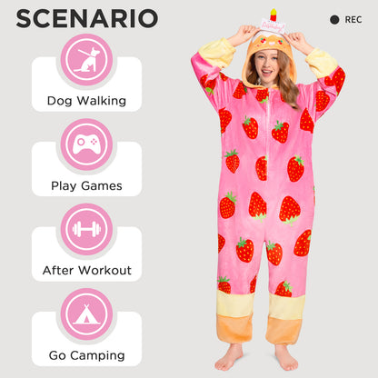 OLAOLA Strawberry Cake Pajamas Food Onesie Plush Warm Home One Piece For Adult Unisex Halloween Costume