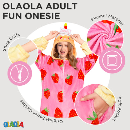 OLAOLA Strawberry Cake Pajamas Food Onesie Plush Warm Home One Piece For Adult Unisex Halloween Costume