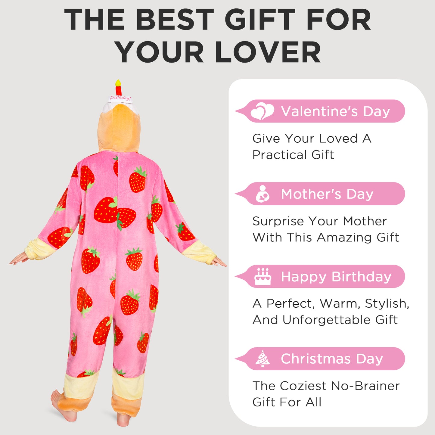 OLAOLA Strawberry Cake Pajamas Food Onesie Plush Warm Home One Piece For Adult Unisex Halloween Costume