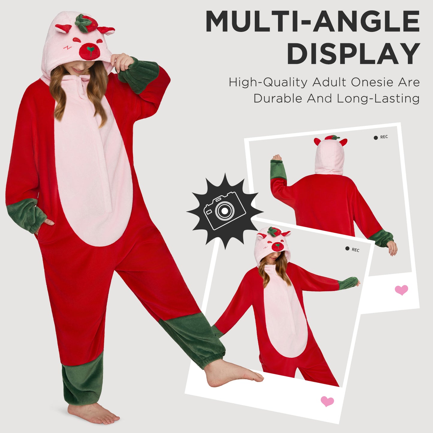 OLAOLA Strawberry Capybara Pajamas Animals Onesie Plush Warm Home One Piece For Adult Unisex Halloween Costume