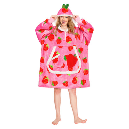 OLAOLA Strawberry Wearable Blanket Hoodie For Adult Oversized Food Onesie Hooded Blanket Soft Warm Cozy Sherpa Fleece Sweatshirt