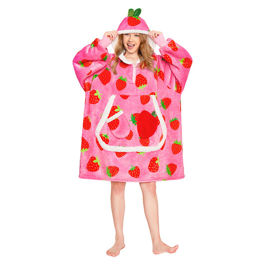 OLAOLA Strawberry Wearable Blanket Hoodie For Adult Oversized Food Onesie Hooded Blanket Soft Warm Cozy Sherpa Fleece Sweatshirt