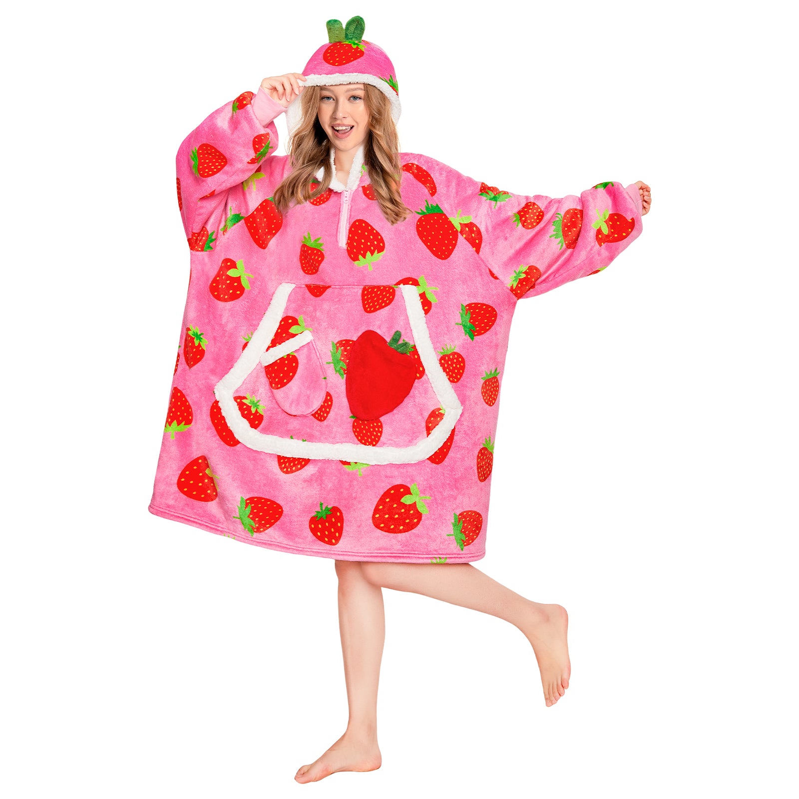 OLAOLA Strawberry Wearable Blanket Hoodie For Adult Oversized Food Onesie Hooded Blanket Soft Warm Cozy Sherpa Fleece Sweatshirt