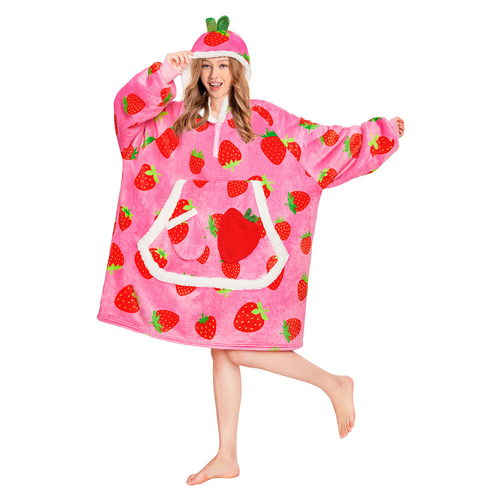 OLAOLA Strawberry Wearable Blanket Hoodie For Adult Oversized Food Onesie Hooded Blanket Soft Warm Cozy Sherpa Fleece Sweatshirt
