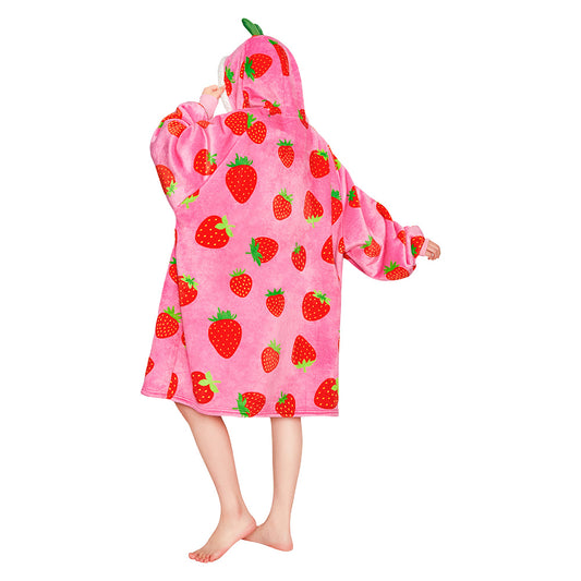 OLAOLA Strawberry Wearable Blanket Hoodie For Adult Oversized Food Onesie Hooded Blanket Soft Warm Cozy Sherpa Fleece Sweatshirt