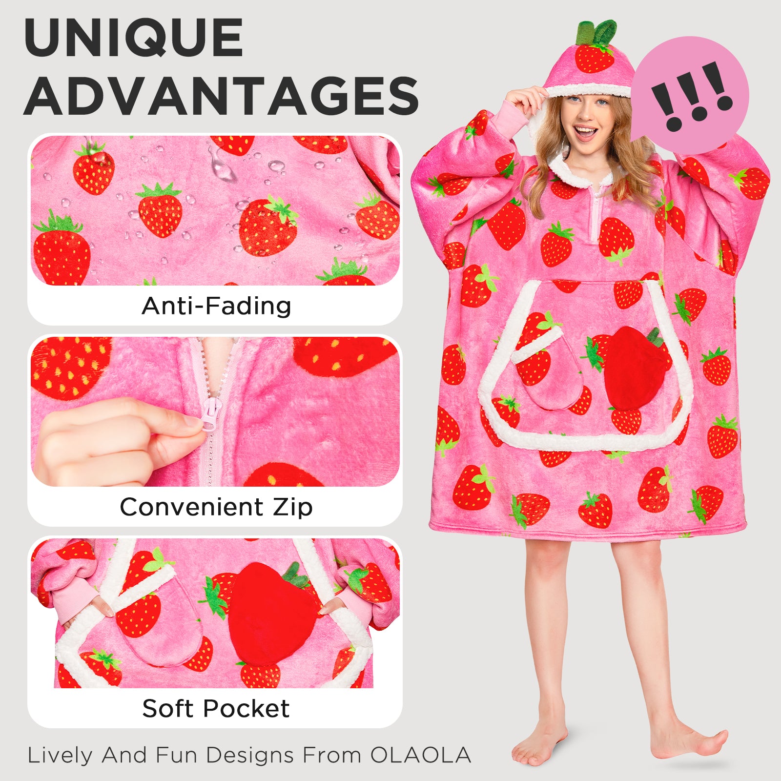 OLAOLA Strawberry Wearable Blanket Hoodie For Adult Oversized Food Onesie Hooded Blanket Soft Warm Cozy Sherpa Fleece Sweatshirt