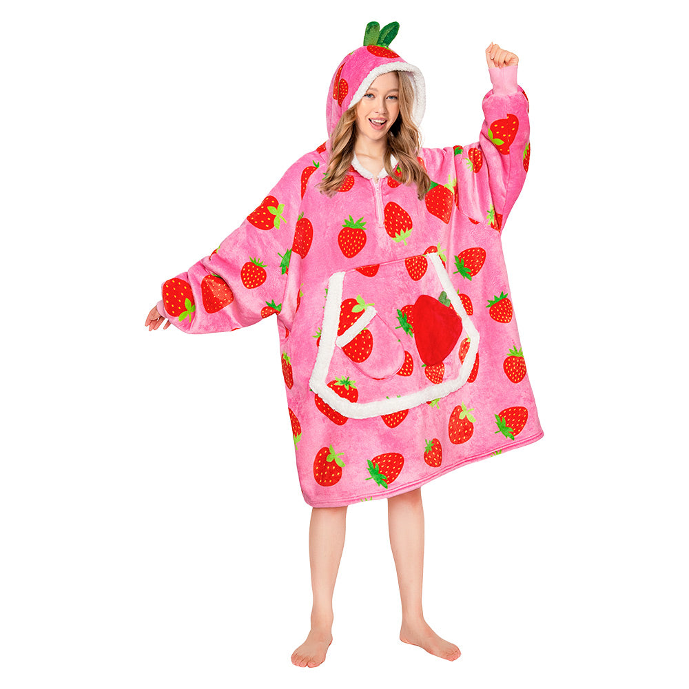 OLAOLA Strawberry Wearable Blanket Hoodie For Adult Oversized Food Onesie Hooded Blanket Soft Warm Cozy Sherpa Fleece Sweatshirt