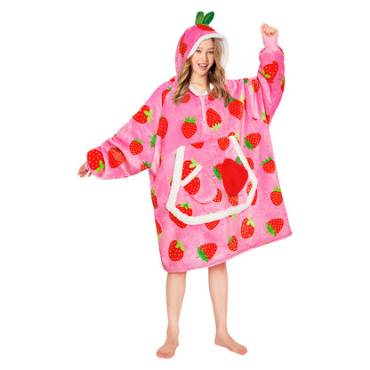 OLAOLA Strawberry Wearable Blanket Hoodie For Adult Oversized Food Onesie Hooded Blanket Soft Warm Cozy Sherpa Fleece Sweatshirt