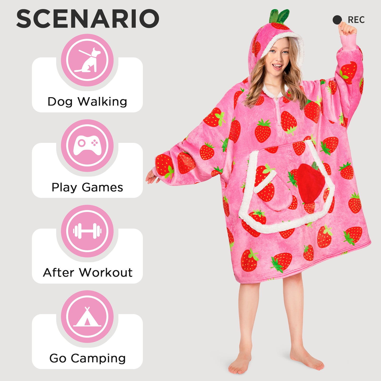 OLAOLA Strawberry Wearable Blanket Hoodie For Adult Oversized Food Onesie Hooded Blanket Soft Warm Cozy Sherpa Fleece Sweatshirt