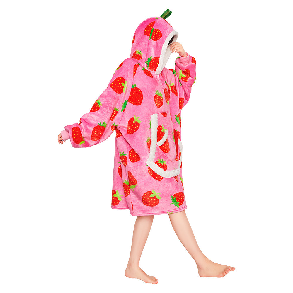 OLAOLA Strawberry Wearable Blanket Hoodie For Adult Oversized Food Onesie Hooded Blanket Soft Warm Cozy Sherpa Fleece Sweatshirt