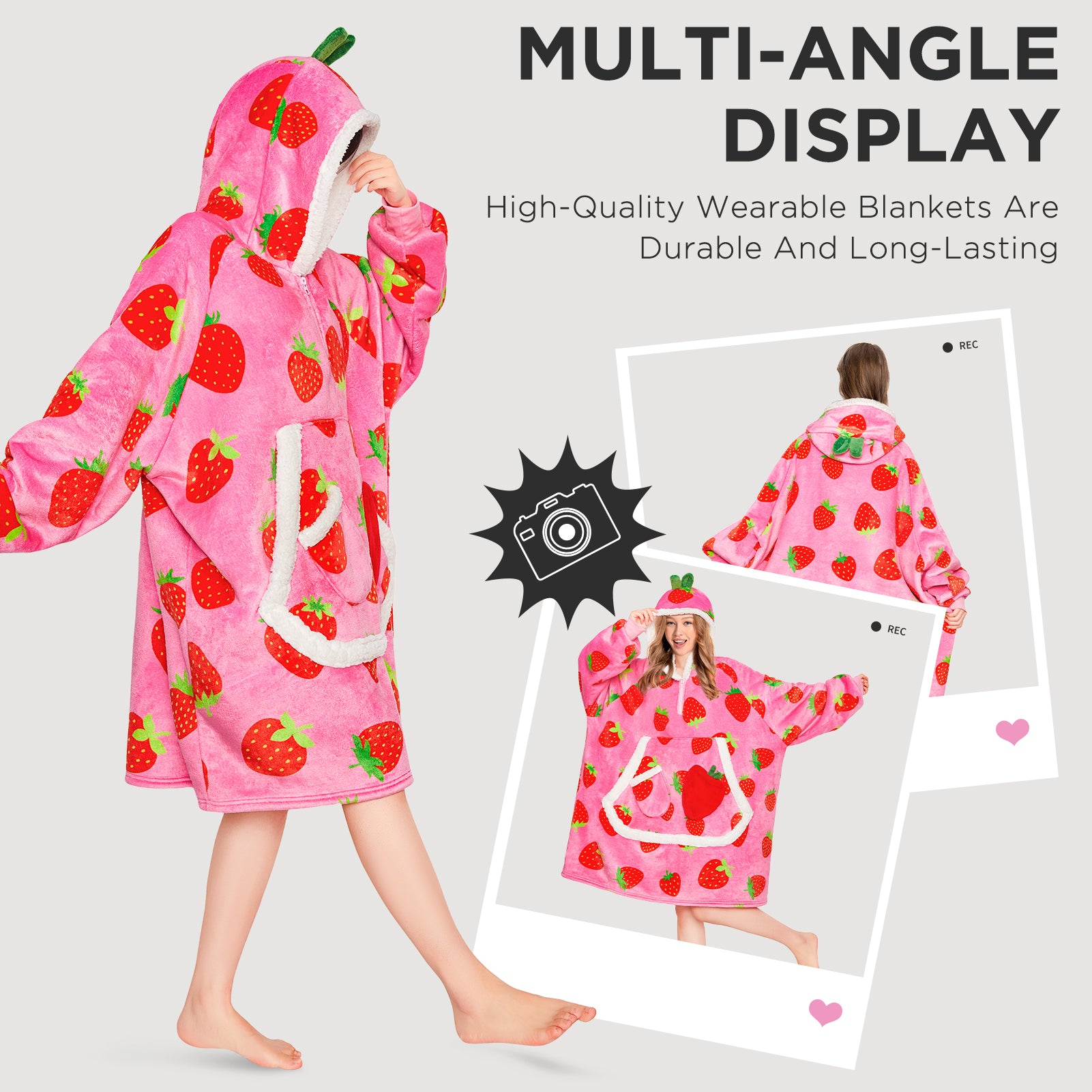 OLAOLA Strawberry Wearable Blanket Hoodie For Adult Oversized Food Onesie Hooded Blanket Soft Warm Cozy Sherpa Fleece Sweatshirt