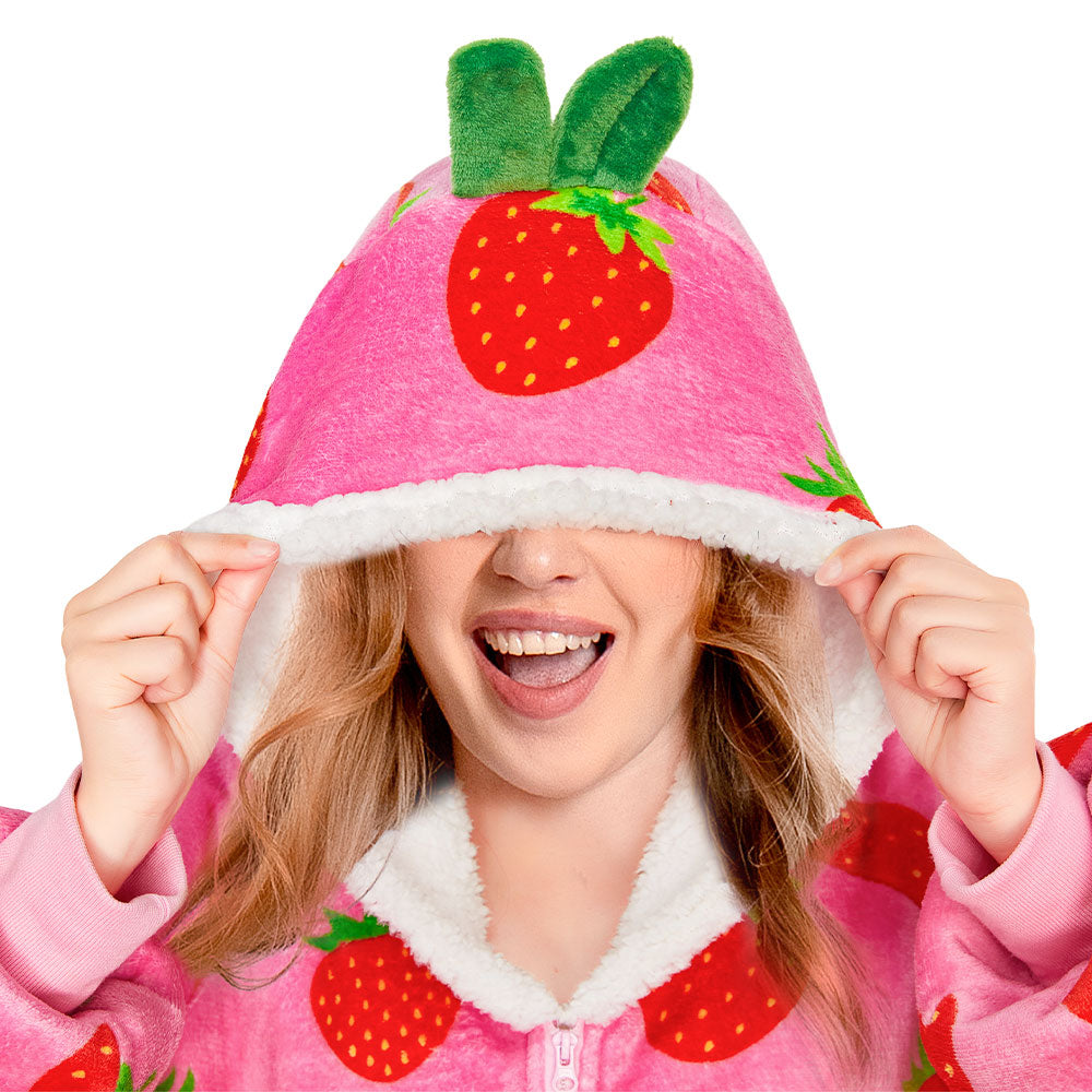 OLAOLA Strawberry Wearable Blanket Hoodie For Adult Oversized Food Onesie Hooded Blanket Soft Warm Cozy Sherpa Fleece Sweatshirt