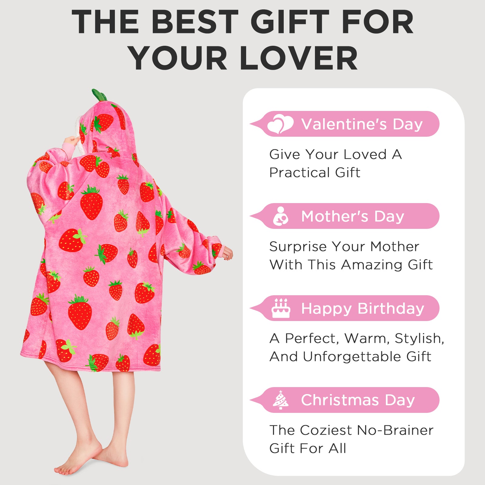 OLAOLA Strawberry Wearable Blanket Hoodie For Adult Oversized Food Onesie Hooded Blanket Soft Warm Cozy Sherpa Fleece Sweatshirt