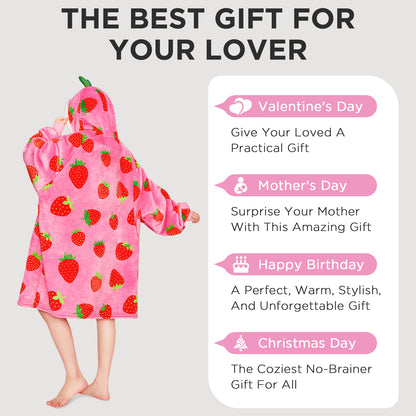 OLAOLA Strawberry Wearable Blanket Hoodie For Adult Oversized Food Onesie Hooded Blanket Soft Warm Cozy Sherpa Fleece Sweatshirt