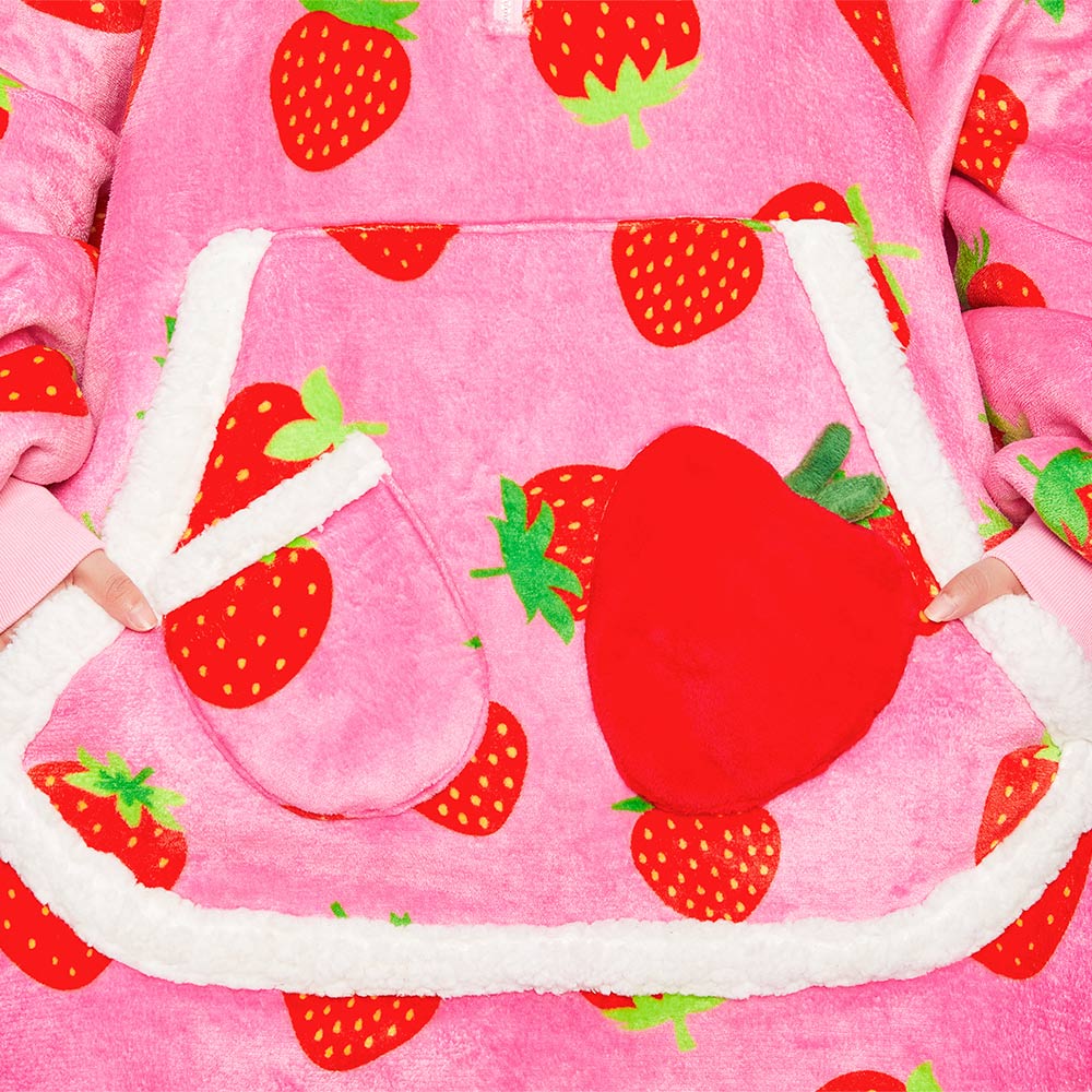 OLAOLA Strawberry Wearable Blanket Hoodie For Adult Oversized Food Onesie Hooded Blanket Soft Warm Cozy Sherpa Fleece Sweatshirt