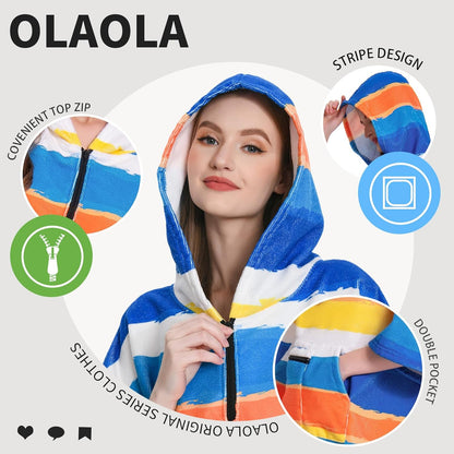 OLAOLA Stripes Printed Surf Poncho Changing Towel Swim Robe Quick Dry Terry Cloth Cover-Up Hood Beach Towels