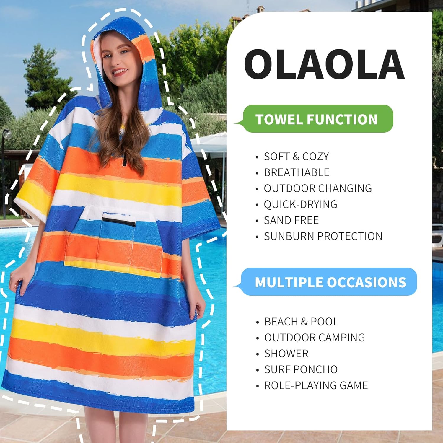 OLAOLA Stripes Printed Surf Poncho Changing Towel Swim Robe Quick Dry Terry Cloth Cover-Up Hood Beach Towels