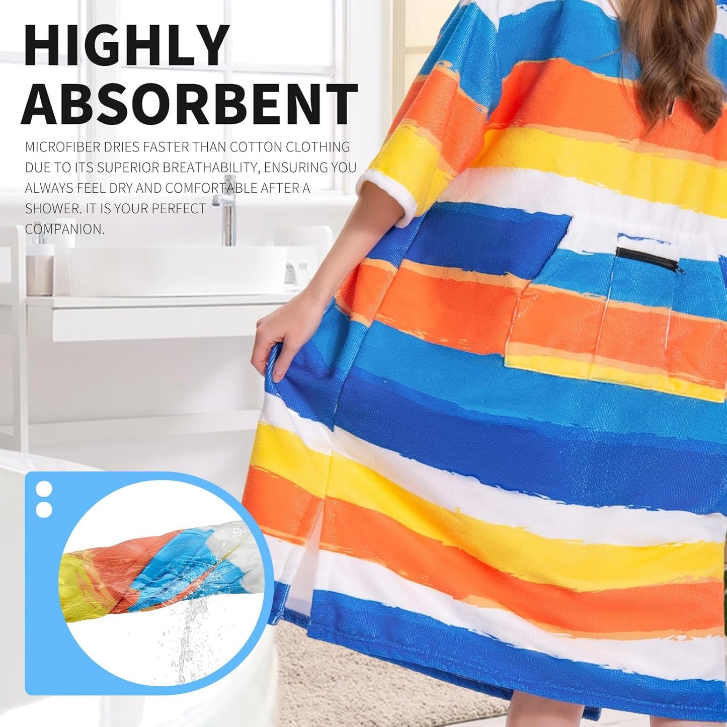 OLAOLA Stripes Printed Surf Poncho Changing Towel Swim Robe Quick Dry Terry Cloth Cover-Up Hood Beach Towels