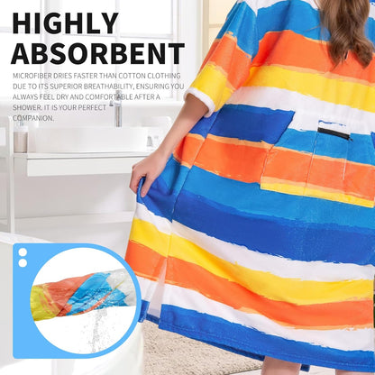 OLAOLA Stripes Printed Surf Poncho Changing Towel Swim Robe Quick Dry Terry Cloth Cover-Up Hood Beach Towels