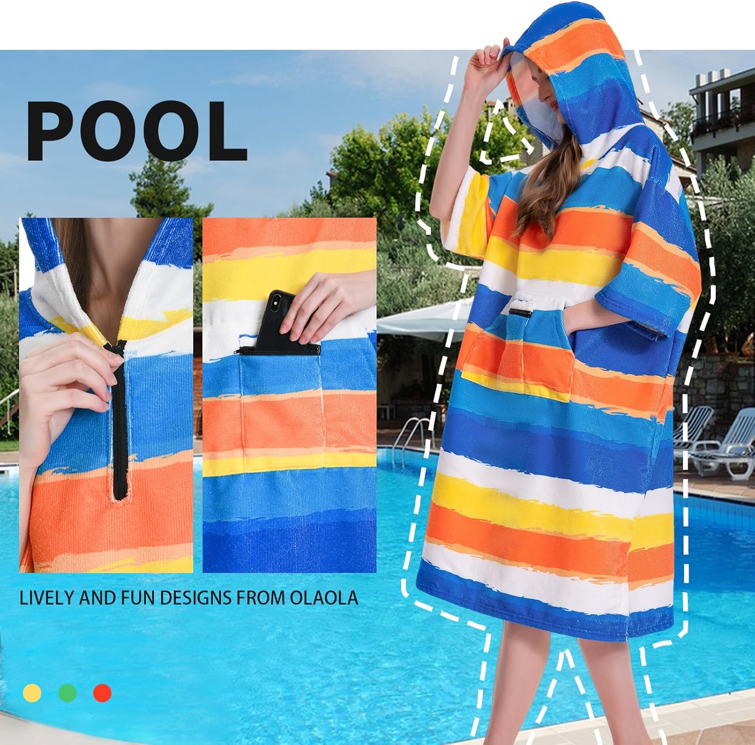 OLAOLA Stripes Printed Surf Poncho Changing Towel Swim Robe Quick Dry Terry Cloth Cover-Up Hood Beach Towels
