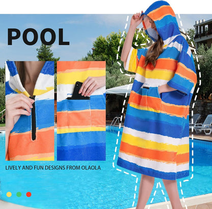OLAOLA Stripes Printed Surf Poncho Changing Towel Swim Robe Quick Dry Terry Cloth Cover-Up Hood Beach Towels