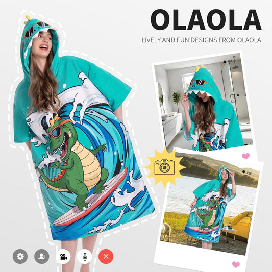 OLAOLA Swim Robe Wave Dinosaur Printed Animals Onesie Beach Towels Quick Dry Terry Cloth Cover-Up Hood Outdoor