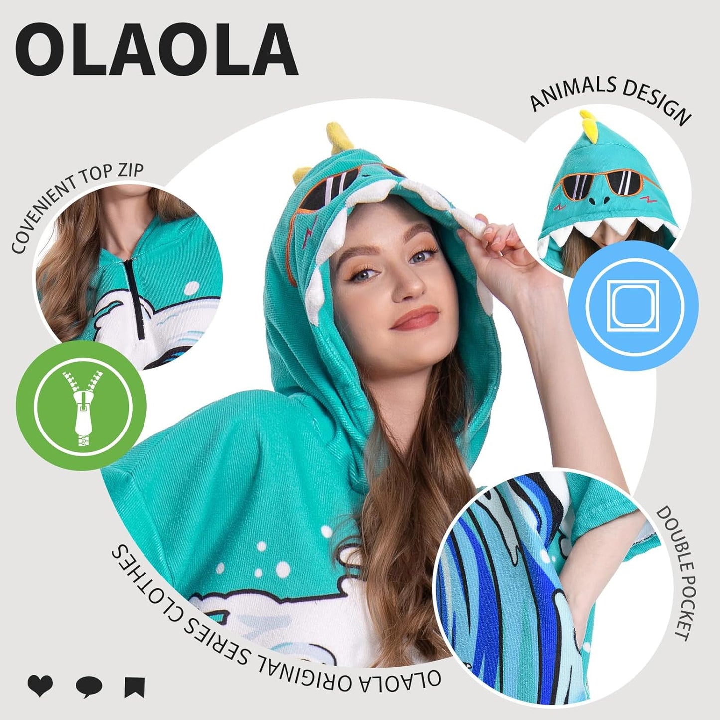 OLAOLA Swim Robe Wave Dinosaur Printed Animals Onesie Beach Towels Quick Dry Terry Cloth Cover-Up Hood Outdoor 