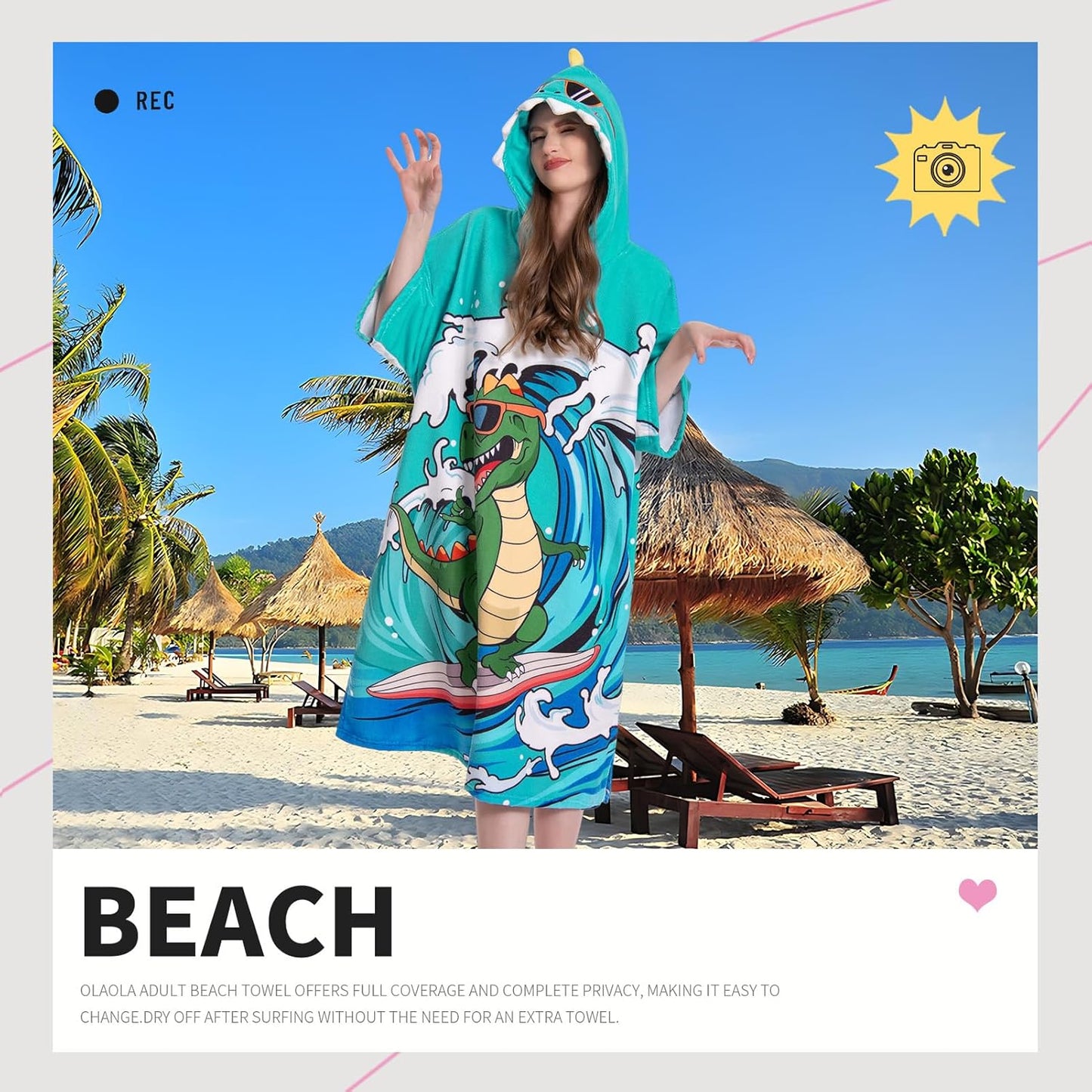 OLAOLA Swim Robe Wave Dinosaur Printed Animals Onesie Beach Towels Quick Dry Terry Cloth Cover-Up Hood&nbsp;Outdoor