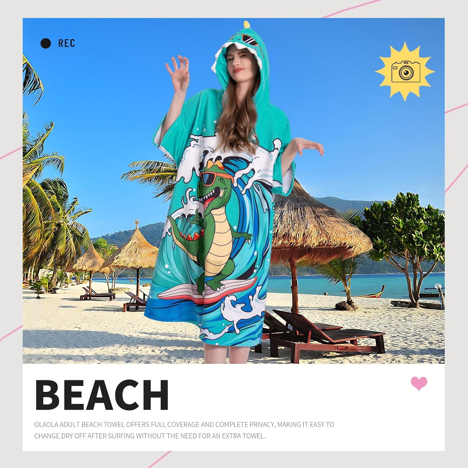 OLAOLA Swim Robe Wave Dinosaur Printed Animals Onesie Beach Towels Quick Dry Terry Cloth Cover-Up Hood&nbsp;Outdoor