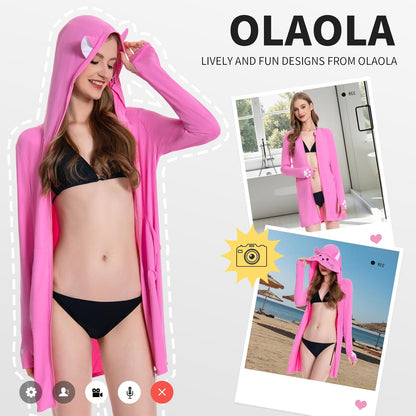 OLAOLA UPF 50+ Sun Protection Jacket Pink Cat Sunscreen Hoodie Full Zip Lightweight Long Sleeve Hiking Outdoor