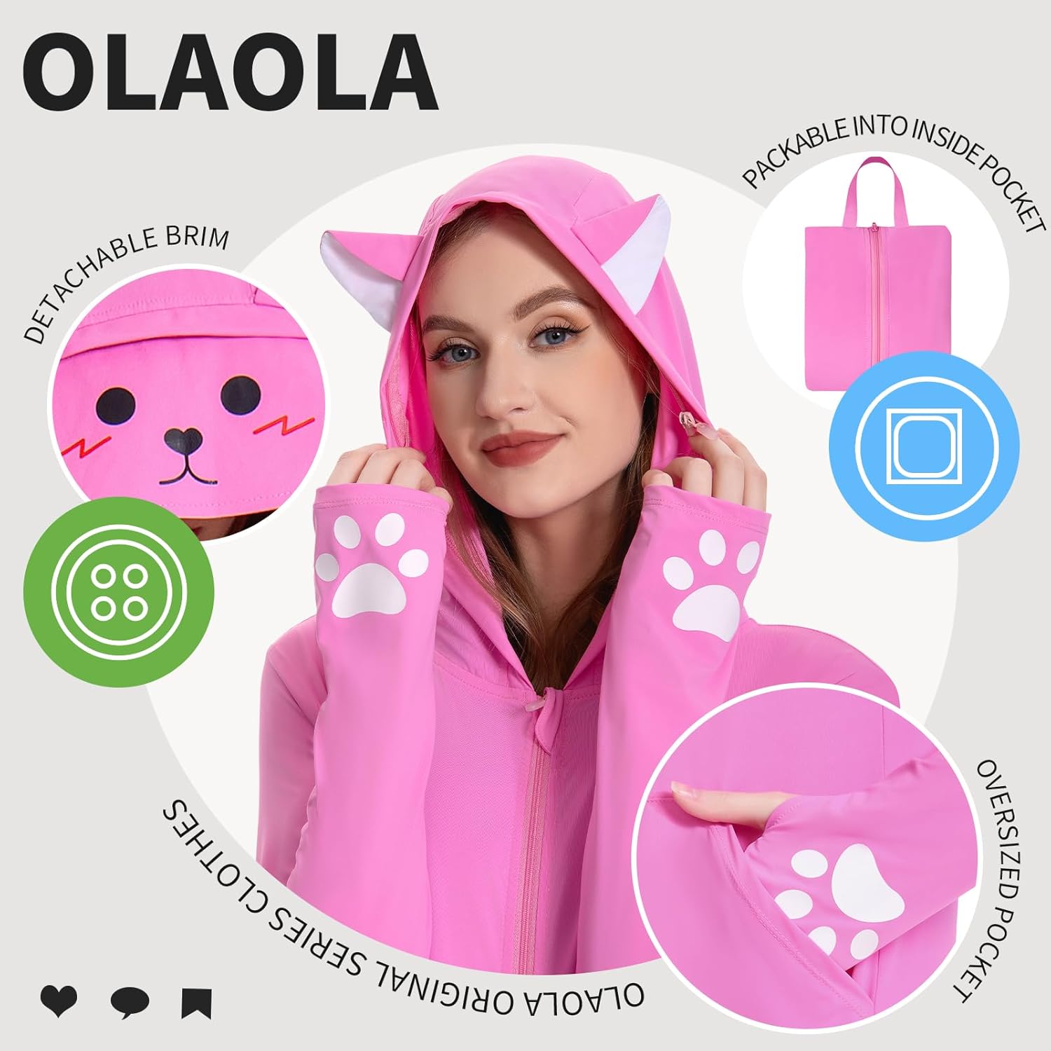 OLAOLA UPF 50+ Sun Protection Jacket Pink Cat Sunscreen Hoodie Full Zip Lightweight Long Sleeve Hiking Outdoor