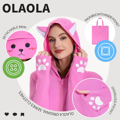 OLAOLA UPF 50+ Sun Protection Jacket Pink Cat Sunscreen Hoodie Full Zip Lightweight Long Sleeve Hiking Outdoor