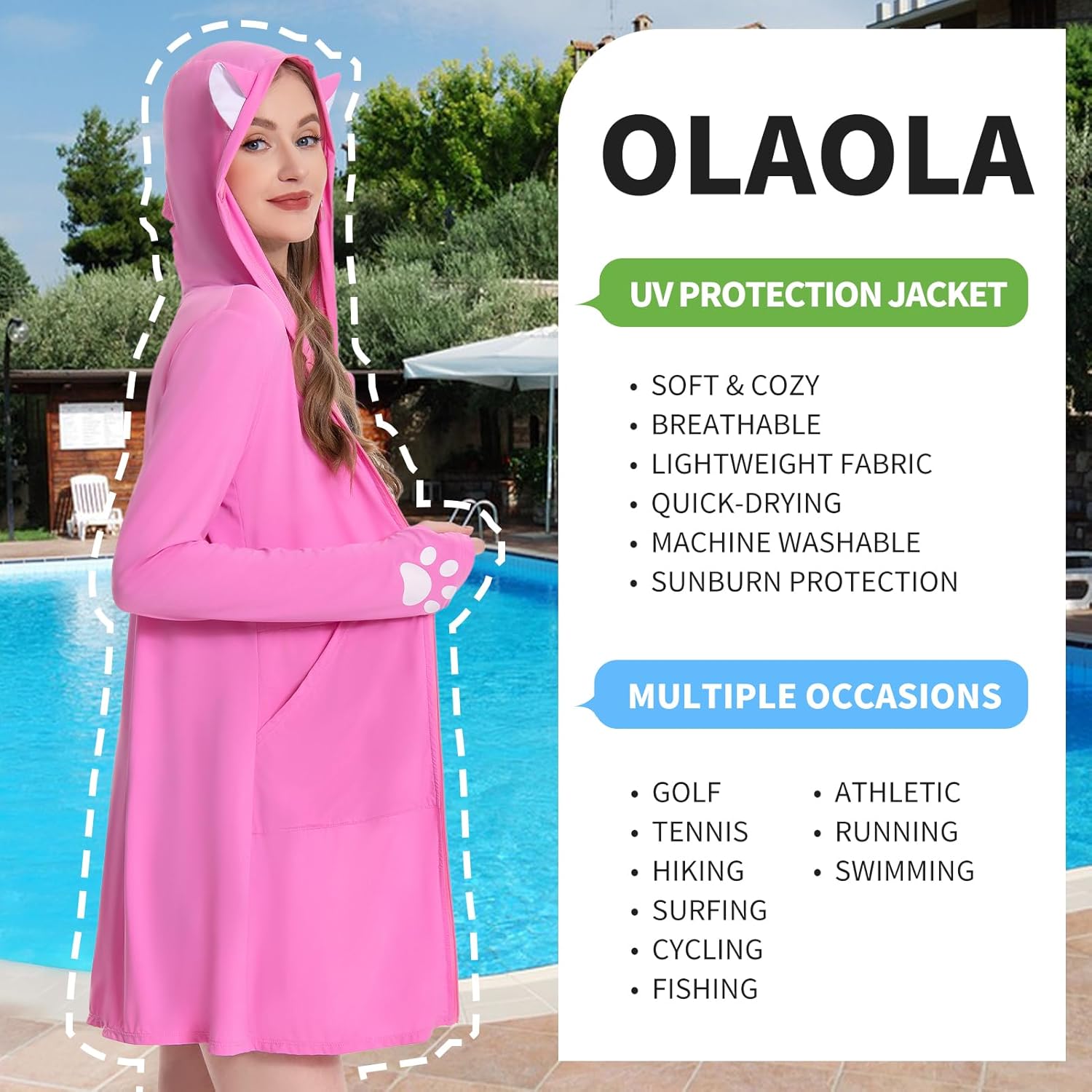 OLAOLA UPF 50+ Sun Protection Jacket Pink Cat Sunscreen Hoodie Full Zip Lightweight Long Sleeve Hiking Outdoor