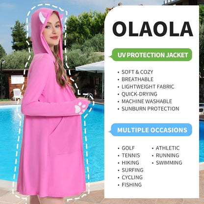 OLAOLA UPF 50+ Sun Protection Jacket Pink Cat Sunscreen Hoodie Full Zip Lightweight Long Sleeve Hiking Outdoor