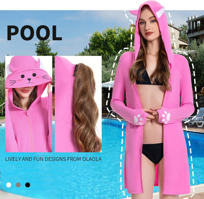OLAOLA UPF 50+ Sun Protection Jacket Pink Cat Sunscreen Hoodie Full Zip Lightweight Long Sleeve Hiking Outdoor