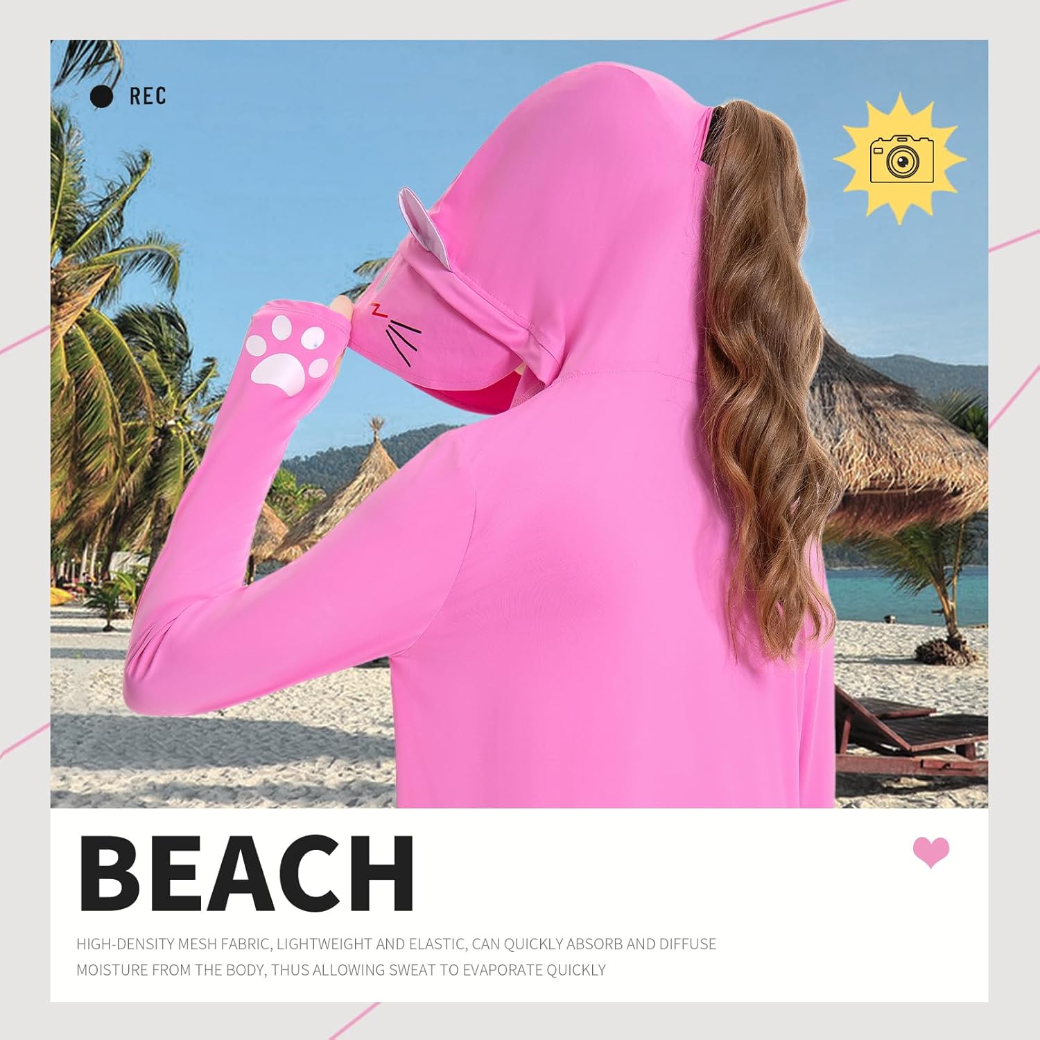 OLAOLA UPF 50+ Sun Protection Jacket Pink Cat Sunscreen Hoodie Full Zip Lightweight Long Sleeve Hiking Outdoor