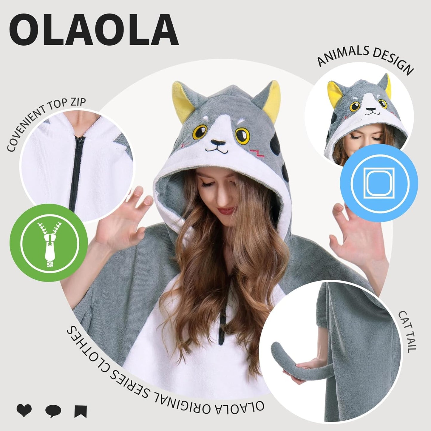 OLAOLA Unisex Adult Gray Cat Animal Beach Towels Blanket Plush Soft Absorbent Microfibre Outdoor Swim Cover Up Robe