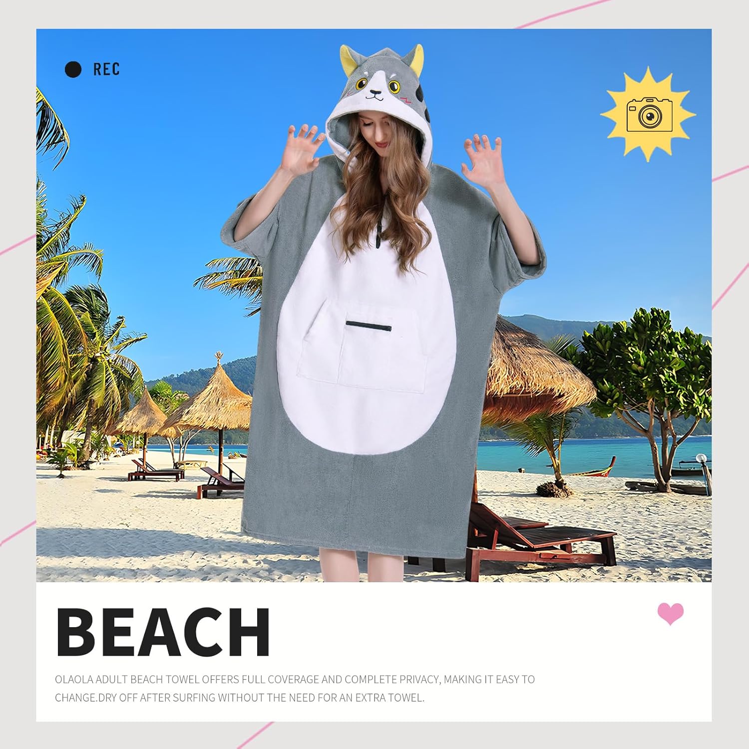 OLAOLA Unisex Adult Gray Cat Animal Beach Towels Blanket Plush Soft Absorbent Microfibre Outdoor Swim Cover Up Robe