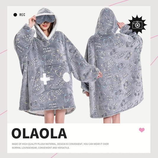 OLAOLA Unisex Adult Kids Plush Game Controller Wearable Blanket Extra Long Hoodie Warm Home One-Piece Sleepwear