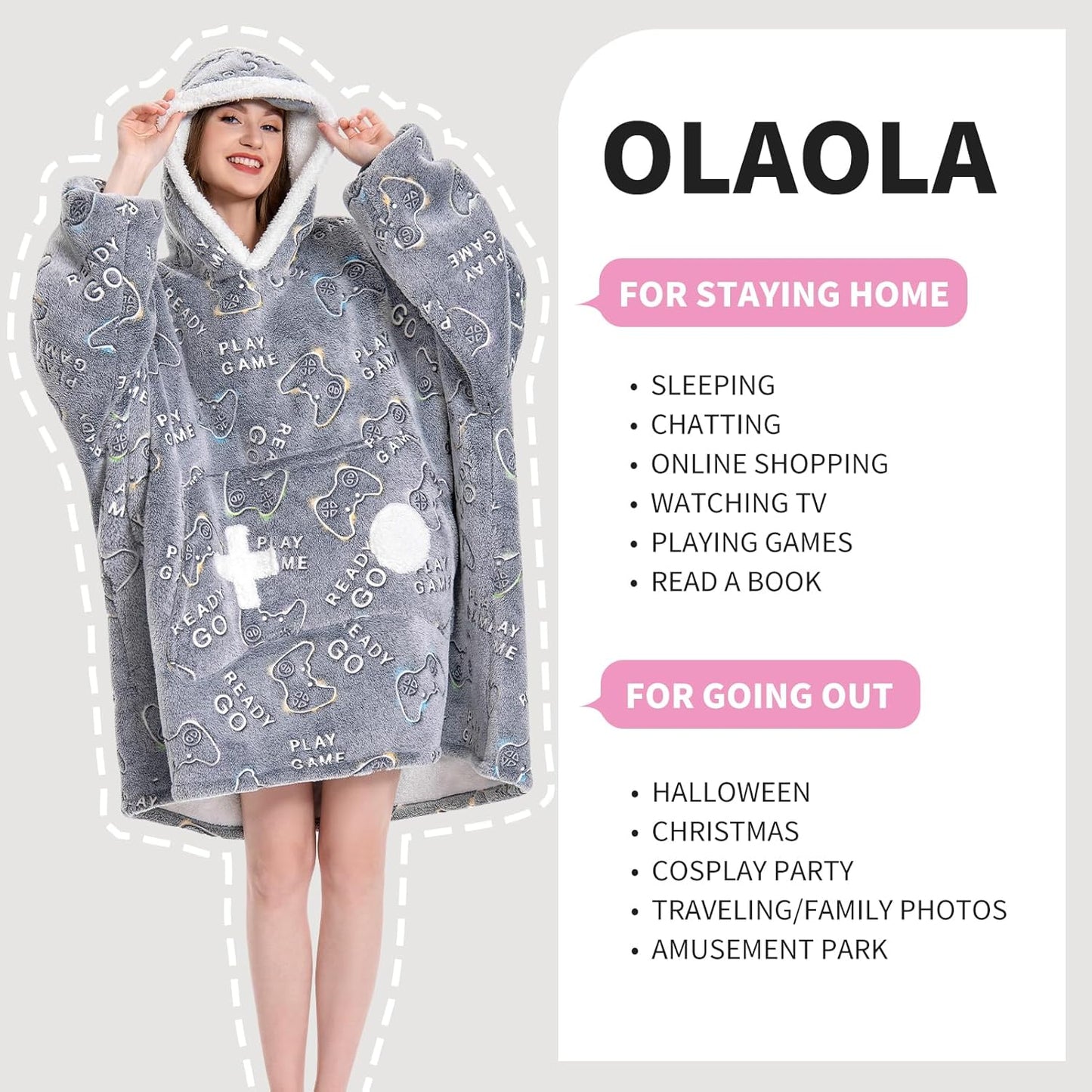 OLAOLA Unisex Adult Kids Plush Game Controller Wearable Blanket Extra Long Hoodie Warm Home One-Piece Sleepwear