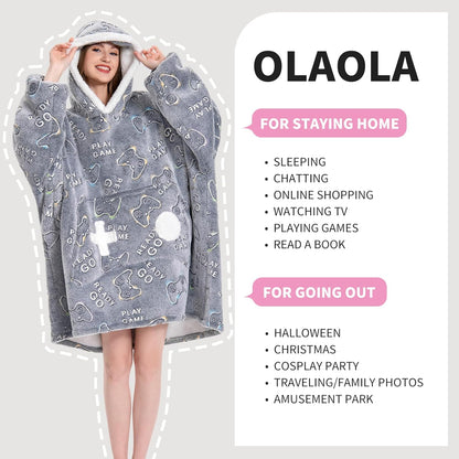 OLAOLA Unisex Adult Kids Plush Game Controller Wearable Blanket Extra Long Hoodie Warm Home One-Piece Sleepwear