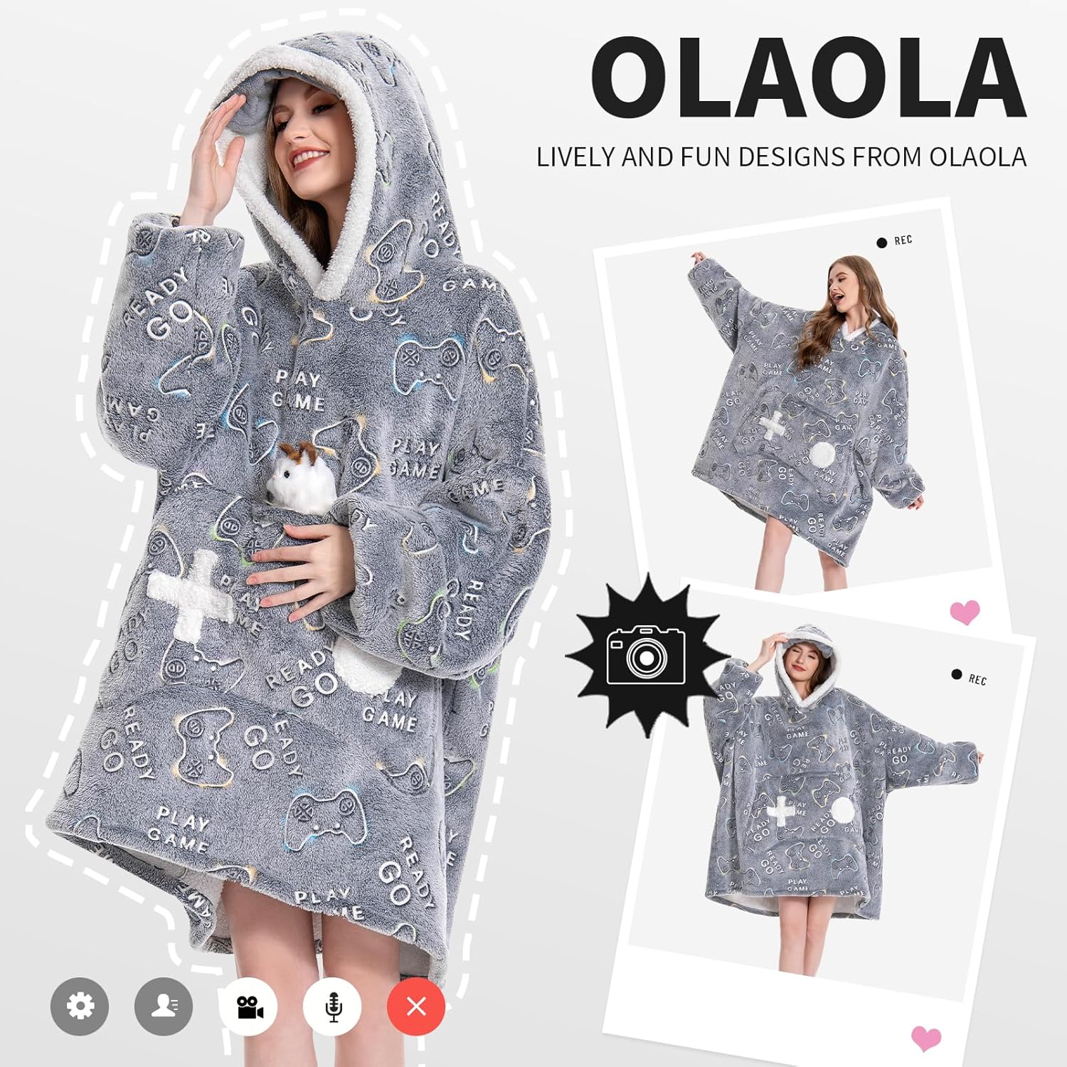 OLAOLA Unisex Adult Kids Plush Game Controller Wearable Blanket Extra Long Hoodie Warm Home One-Piece Sleepwear