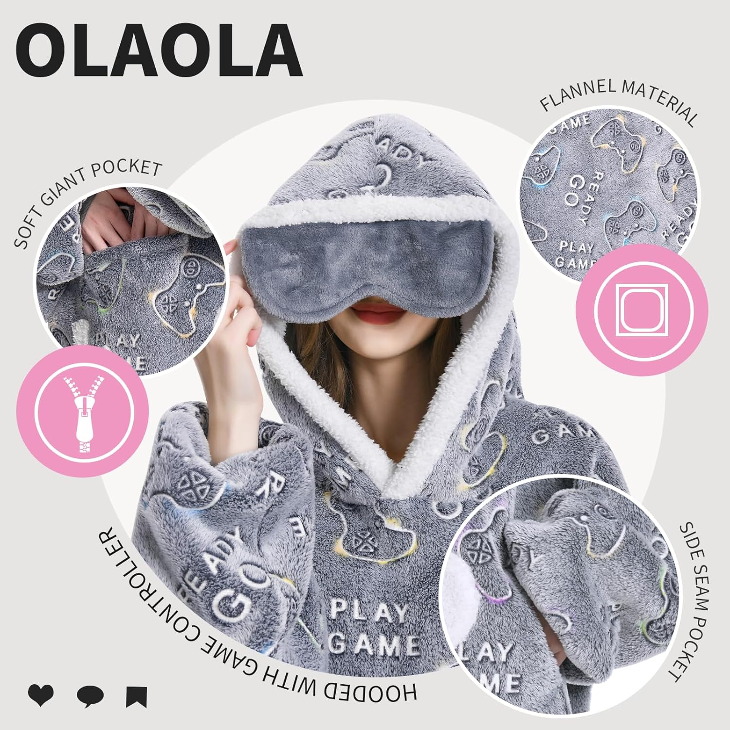 OLAOLA Unisex Adult Kids Plush Game Controller Wearable Blanket Extra Long Hoodie Warm Home One-Piece Sleepwear