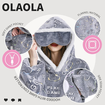 OLAOLA Unisex Adult Kids Plush Game Controller Wearable Blanket Extra Long Hoodie Warm Home One-Piece Sleepwear